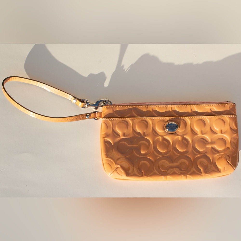 Authentic Coach Pink/Tan Patent Leather Embossed Monogram Wristlet